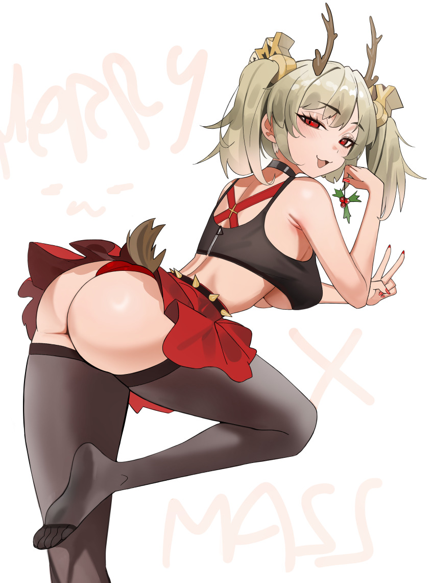 1girl :3 :d absurdres antlers ass bent_over black_choker black_shirt blonde_hair breasts burnice_white choker cleavage crop_top deer_tail grey_thighhighs highres holding holding_mistletoe horns kiritzugu large_breasts miniskirt mistletoe no_shoes open_mouth panties red_eyes red_nails red_panties red_skirt reindeer_antlers shirt skirt smile solo spiked_belt standing standing_on_one_leg tail thighhighs twintails underboob underwear v zenless_zone_zero