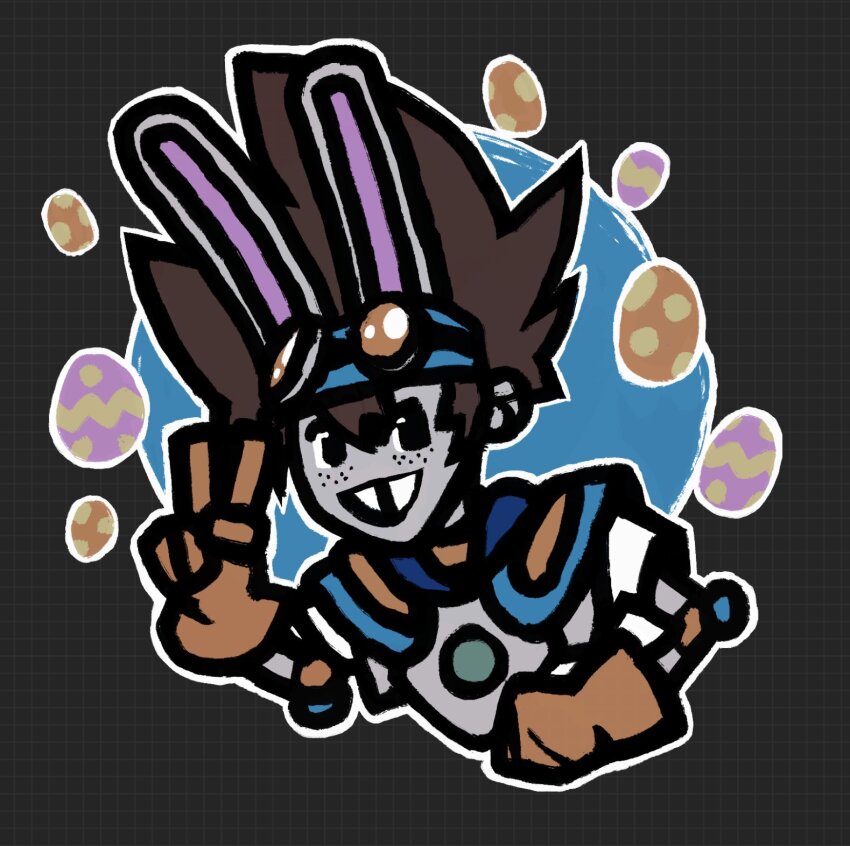 1girl angela_anaconda angela_anaconda_(character) cape cosplay digimon digimon_adventure goggles goggles_on_head highres rabbit_ears smile solo v what bad_tag yagami_taichi yagami_taichi_(cosplay)