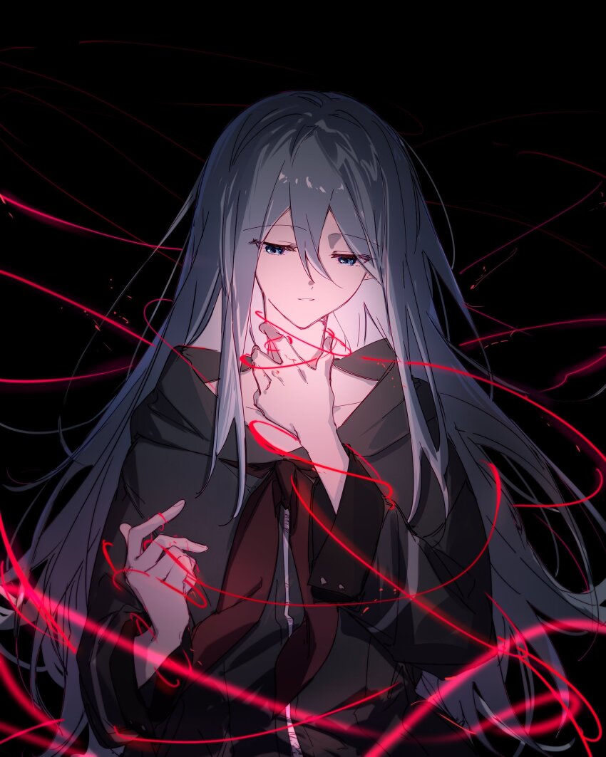 1girl absurdres black_background black_jacket blue_eyes grey_hair hair_between_eyes hand_on_own_neck hibioes highres hoshino_ichika_(project_sekai) jacket long_hair long_sleeves parted_lips project_sekai solo string string_of_fate upper_body