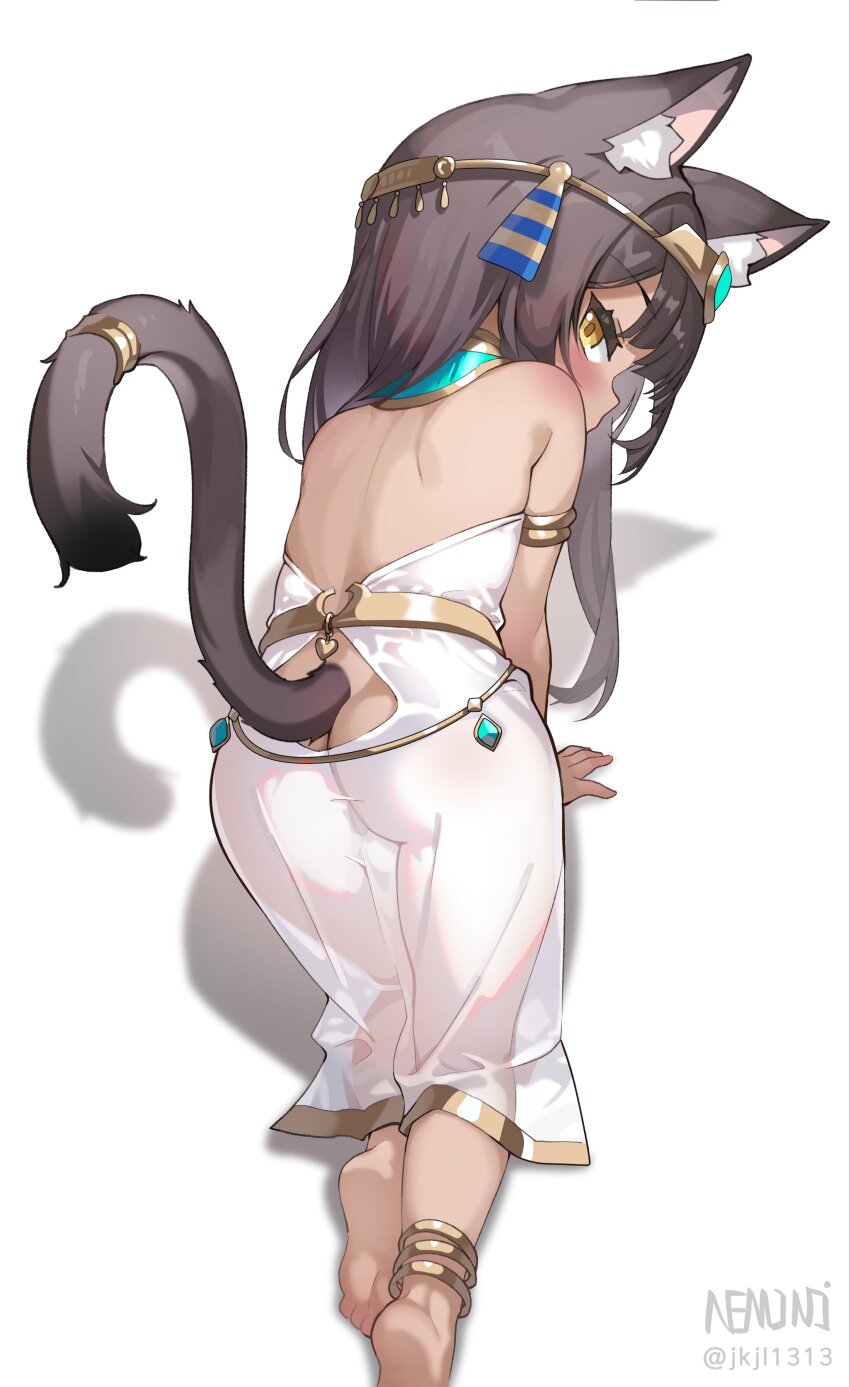 1girl absurdres all_fours ancient_egyptian ancient_egyptian_clothes animal_ear_fluff animal_ears anklet ass barefoot blush brown_eyes brown_hair cat_ears cat_girl cat_tail circlet dress feet from_behind gem highres jewelry loli long_hair looking_back n3moni no_panties original see-through_clothes see-through_dress soles solo tail thighs toes white_dress