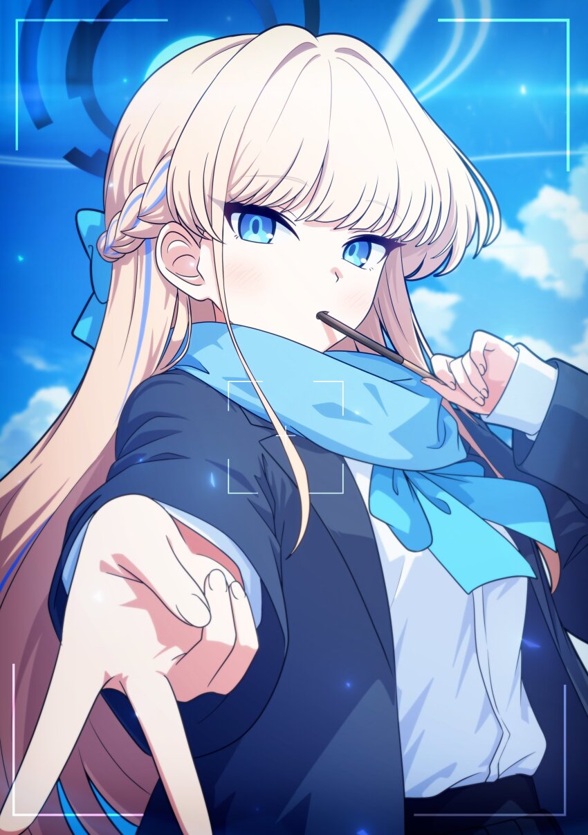 1girl absurdres aqua_bow aqua_bowtie blonde_hair blue_archive blue_cardigan blue_eyes blue_scarf blue_skirt blue_sky blue_streaks bow bowtie braid cardigan closed_mouth cloud commentary_request food food_in_mouth hair_intakes half_up_braid halo highres holding holding_food long_hair long_sleeves looking_at_viewer multicolored_hair official_alternate_costume pocky pocky_in_mouth samess_333 scarf school_uniform shirt shirt_tucked_in skirt sky solo straight_hair streaked_hair toki_(blue_archive) toki_(school_uniform)_(blue_archive) two-tone_hair v very_long_hair viewfinder white_shirt