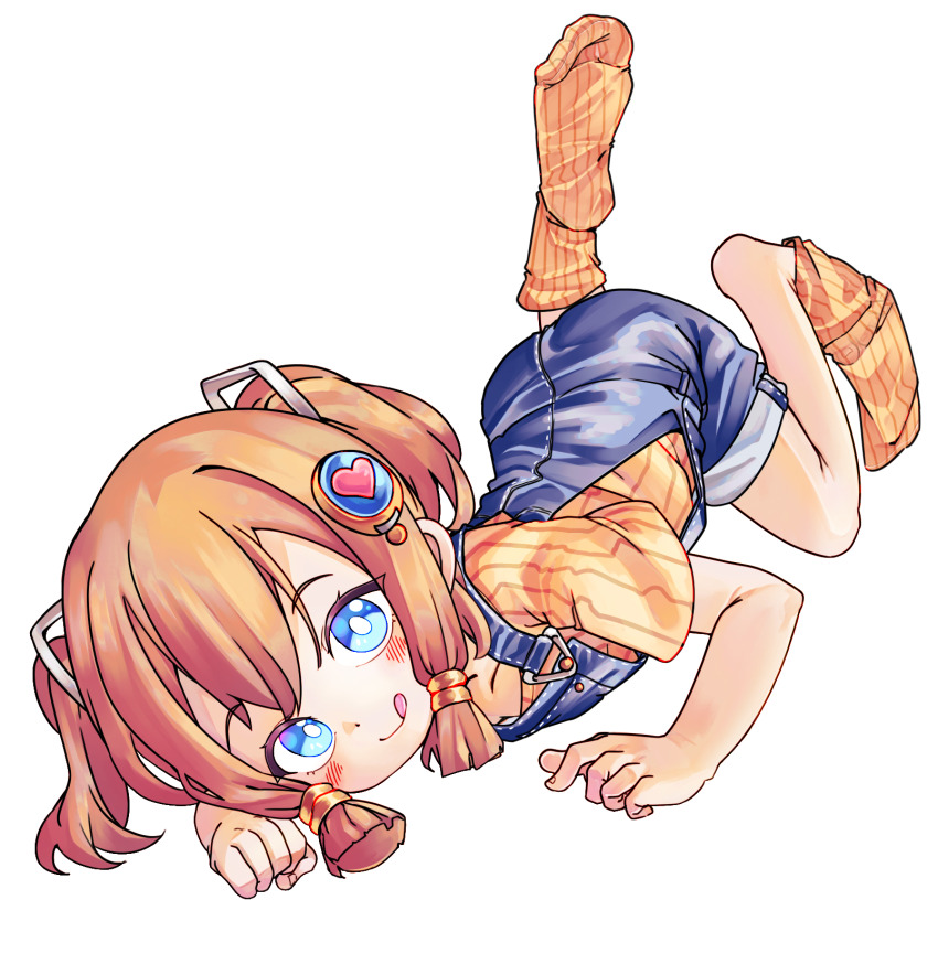 1girl :q blue_eyes blue_overalls blush brown_hair chaosexceed closed_mouth commentary feet hair_ornament highres looking_at_viewer lying no_shoes on_stomach open_mouth orange_shirt orange_socks original overall_shorts overalls paid_reward_available shirt short_sleeves simple_background socks soles solo toes tongue tongue_out twintails white_background