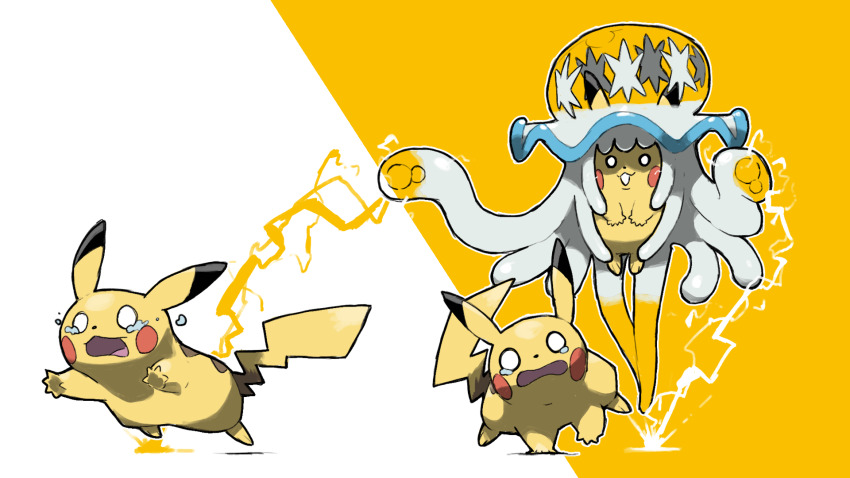 animal_focus blacknirrow crying crying_with_eyes_open electricity fleeing gen_1_pokemon gen_7_pokemon highres jellyfish nihilego nintendo no_humans o_o open_mouth pikachu pokemon pokemon_(creature) pokemon_focus possessed simple_background tears tentacles two-tone_background ultra_beast