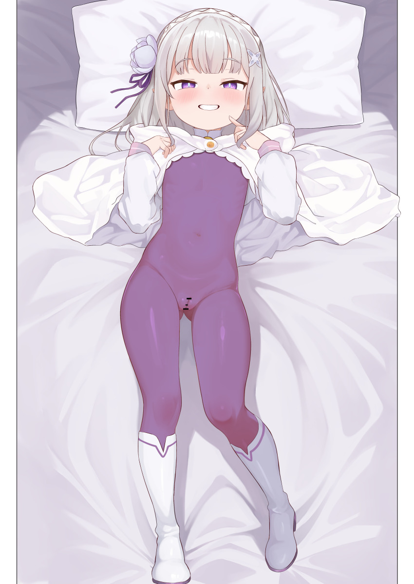 1girl absurdres aged_down bad_tag bar_censor bed blush bodysuit boots cameltoe censored covered_navel dallei emilia_(re:zero) female_focus flat_chest full_body grey_hair hair_ornament hairband highres hood legs loli long_hair lying on_back on_bed pillow pointy_ears purple_eyes re:zero_kara_hajimeru_isekai_seikatsu smile solo thighs x_hair_ornament