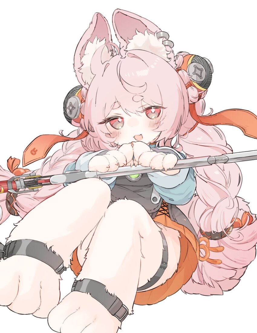 1girl animal_ear_fluff animal_ear_piercing animal_ears braid bright_pupils commentary_request furry furry_female highres long_hair looking_at_viewer nekonika_(e102k) open_mouth pink_eyes pink_fur pink_hair rabbit_ears rabbit_girl red_eyes short_eyebrows simple_background solo thick_eyebrows twin_braids white_background white_pupils zenless_zone_zero zhao_(zenless_zone_zero)