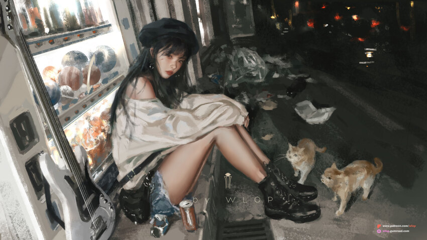 1girl black_hair cat commentary_request cutoffs earrings electric_guitar guitar hat highres instrument jewelry lips long_hair looking_at_viewer night original outdoors shorts sitting solo vending_machine wlop