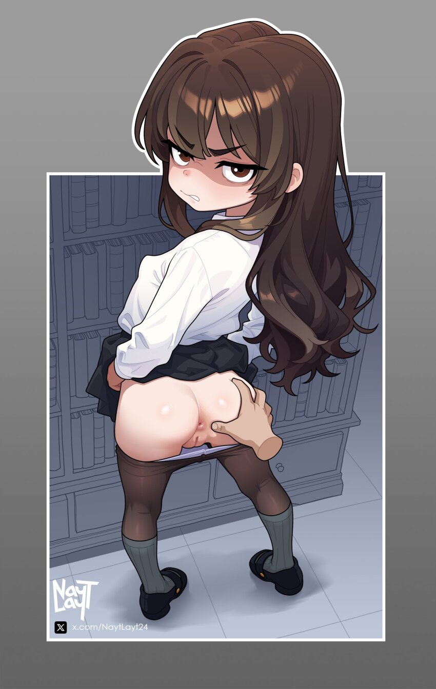 1girl annoyed anus artist_name ass black_shoes black_skirt bookshelf breasts brown_hair clothes_pull covered_erect_nipples highres iona_(nayt_layt) loli long_hair long_sleeves looking_at_viewer looking_back nayt_layt original panties panty_pull pantyhose pantyhose_pull pussy shiny_skin shoes skirt small_breasts solo_focus teeth uncensored underwear
