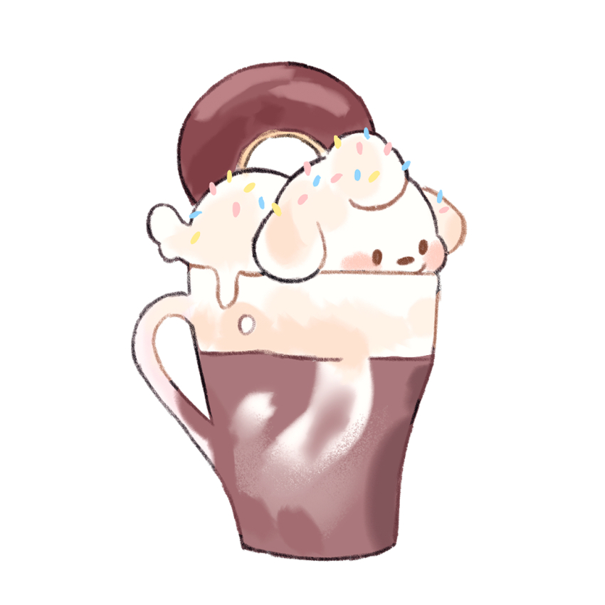 animal_focus blush brown_eyes coffee commentary cup dog donut english_commentary food food-themed_creature food_focus mjoyart no_humans original simple_background smile solo sprinkles whipped_cream white_background