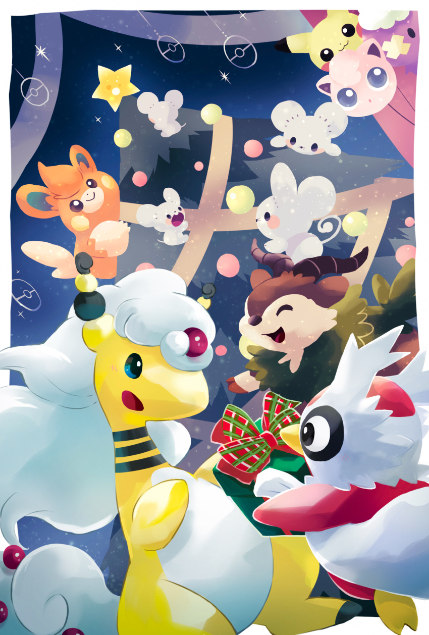 ampharos black_eyes blush brown_eyes christmas christmas_tree delibird drifloon gen_1_pokemon gen_2_pokemon gen_4_pokemon gen_6_pokemon gift highres jigglypuff maushold maushold_(family_of_four) mega_ampharos mega_pokemon nintendo no_humans open_mouth pawmi pikachu pokemon pokemon_(creature) skiddo smile toneko white_hair