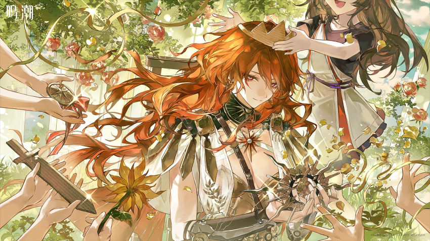 2girls ancient_greek_clothes armor augusta_(wuthering_waves) blue_sky breastplate breasts brown_hair chinese_commentary closed_mouth commentary_request day dress earrings flower greco-roman_clothes highres holding holding_flower incoming_gift jewelry logo medium_breasts multiple_girls official_art orange_hair people red_eyes sky smile solo_focus sun_earrings white_dress wuthering_waves