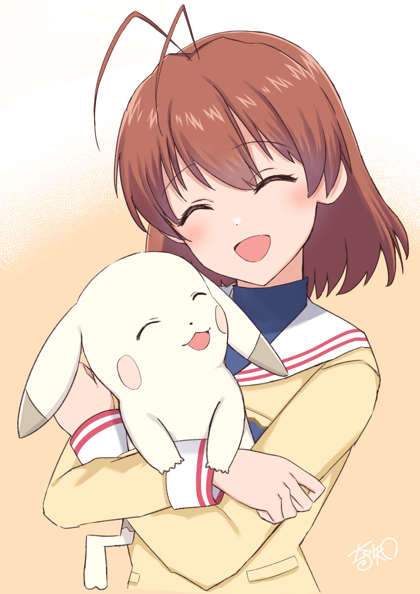 1girl :d ^_^ absurdres antenna_hair blue_shirt blush blush_stickers clannad closed_eyes commentary_request crossed_arms crossover furukawa_nagisa gen_1_pokemon hair_between_eyes happy highres holding holding_pokemon jacket kirsiri_tooru_(kishiri10oru) long_sleeves medium_hair nintendo open_mouth orange_background peakychu pikachu pokemon pokemon_(creature) pokemon_pokopia sailor_collar school_uniform serafuku shirt signature simple_background smile turtleneck turtleneck_shirt two-tone_background upper_body white_background white_sailor_collar yellow_jacket