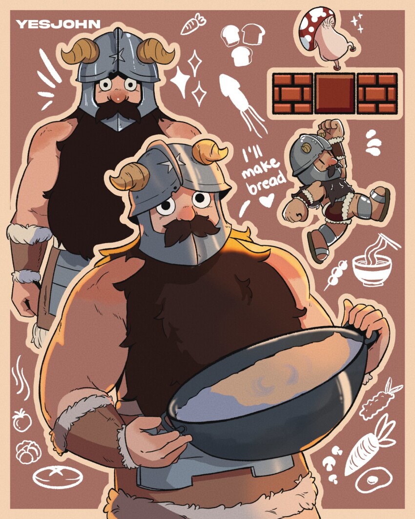 1boy arms_at_sides bara beard brown_theme chibi chibi_inset cooking cowboy_shot dungeon_meshi dwarf english_text facial_hair fake_horns helmet highres horned_helmet horns long_beard looking_at_viewer male_focus muscular muscular_male mustache senshi_(dungeon_meshi) sparkle standing straight-on thick_mustache very_long_beard walking_mushroom_(dungeon_meshi) wok yesjohn