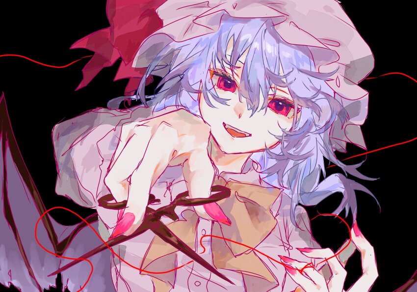 1girl 5swcf1iy8k31657 bat_wings black_background bow bowtie commentary_request hat hat_ribbon highres holding holding_scissors long_sleeves looking_at_viewer mob_cap open_mouth pink_eyes pink_hat pink_nails pink_shirt purple_hair remilia_scarlet ribbon scissors shirt simple_background smile solo string teeth touhou upper_teeth_only wings yellow_bow yellow_bowtie