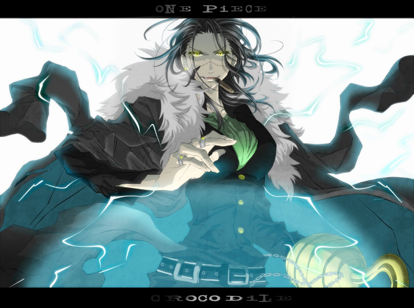 1girl amputee ascot belt black_hair breasts cigar crocodile_(one_piece) earrings female_focus fur_trim genderswap genderswap_(mtf) hook hook_hand jacket jacket_on_shoulders jewelry long_hair one_piece ring scar solo white_background yellow_eyes