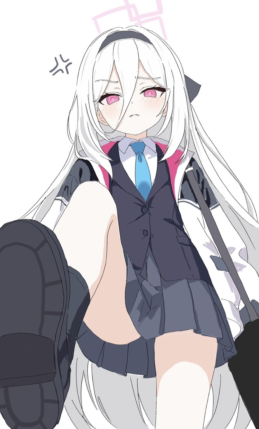 1girl angry black_socks blazer blue_archive blue_necktie blush collared_shirt commentary_request from_below hair_between_eyes halo highres jacket kamitosayu kei_(blue_archive) kei_(new_body)_(blue_archive) long_hair looking_at_viewer necktie pink_halo pleated_skirt red_eyes shirt shoes simple_background skirt socks solo stepped_on thighs white_background white_hair