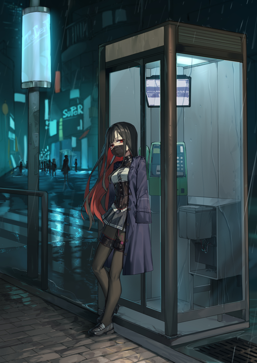 1girl absurdres bdsm black_corset black_hair black_pantyhose blue_necktie bondage bound breasts coat corset egg_vibrator highres latex_shrug long_hair looking_at_viewer mask mouth_mask necktie original outdoors pantyhose phone_booth rain red_eyes restrained sex_toy shirt shoes shrug_(clothing) skindentation small_breasts standing stealth_bondage thigh_strap very_long_hair vibrator white_shirt xiongmao