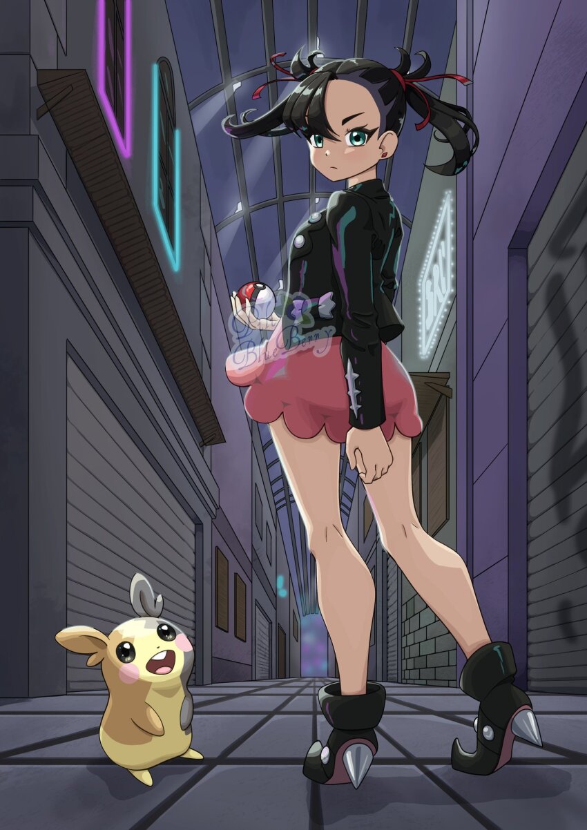 1girl alley asymmetrical_bangs bare_legs black_hair black_jacket commentary dress earrings english_commentary floating_hair full_body gen_8_pokemon green_eyes hair_ribbon highres holding holding_poke_ball jacket jewelry looking_at_viewer marnie_(pokemon) morpeko morpeko_(full) nintendo piliblueberry pink_dress poke_ball poke_ball_(basic) pokemon pokemon_(creature) pokemon_swsh red_ribbon redrawn ribbon standing thighs undercut