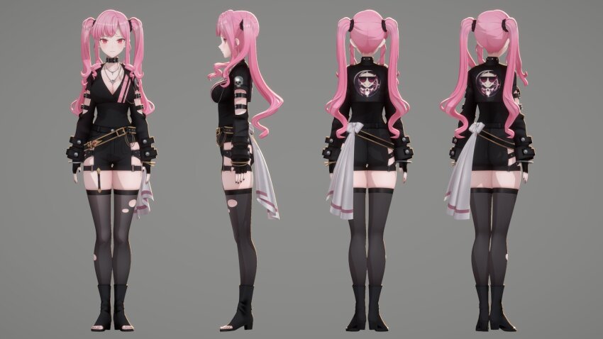 1girl 3d belt belt_collar black_boots black_jacket blush boots breasts cleavage collar highres hololive hololive_english jacket large_breasts long_hair long_sidelocks mari-3d mori_calliope mori_calliope_(gold_unbalance) multiple_views official_alternate_costume official_art open-toe_boots pink_eyes pink_hair reference_sheet sidelocks thighhighs torn_clothes torn_thighhighs turnaround twintails virtual_youtuber