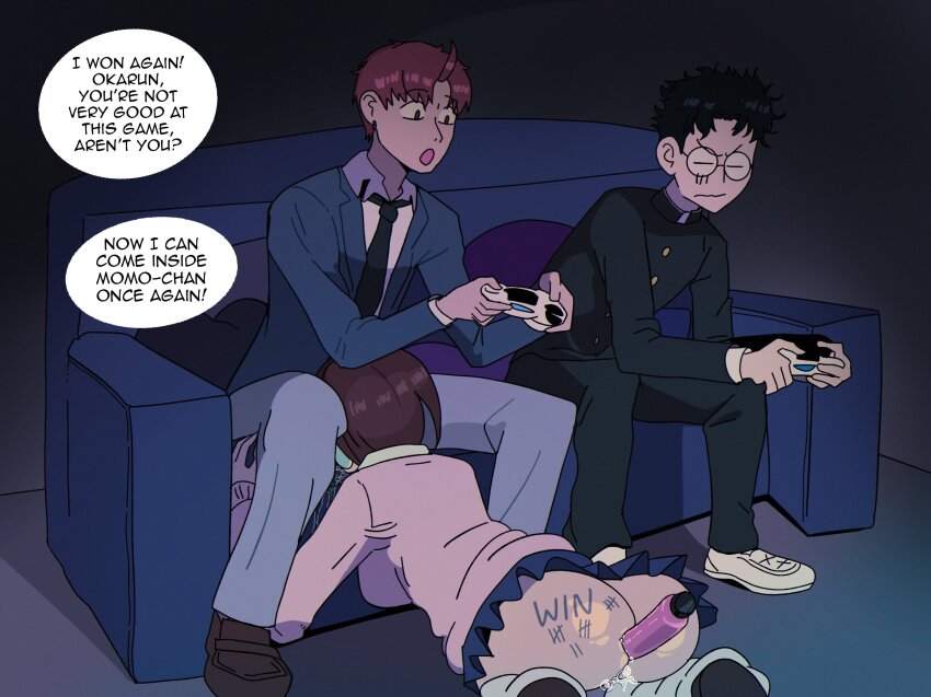 1girl 2boys anal anal_object_insertion ass ayase_momo body_writing controller couch cum cum_in_pussy dandadan dildo enjoji_jin fellatio game_controller hasselnut highres loose_socks multiple_boys netorare no_panties nude object_insertion oral penis playing_games school_uniform sex sex_toy skirt socks tagme takakura_ken_(dandadan) tally vibrator