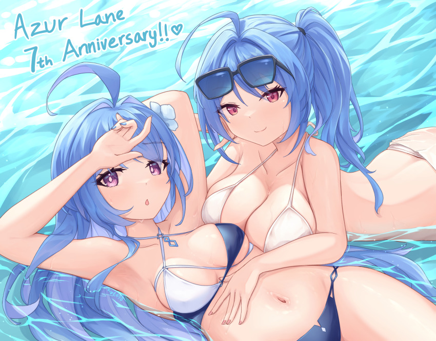 2girls absurdres arm_behind_head azur_lane bikini blue_hair blue_nails blush breasts cleavage commentary english_commentary eyewear_on_head flower hair_flower hair_ornament hand_on_another's_stomach hand_on_own_forehead hand_up helena_(azur_lane) helena_(shimmering_triangle_wave)_(azur_lane) highres kyl490 large_breasts long_hair medium_breasts multicolored_bikini multiple_girls nail_polish navel pink_eyes purple_eyes side_ponytail st._louis_(an_afternoon_on_the_lido_deck)_(azur_lane) st._louis_(azur_lane) stomach sunglasses swimming swimsuit two-tone_bikini very_long_hair