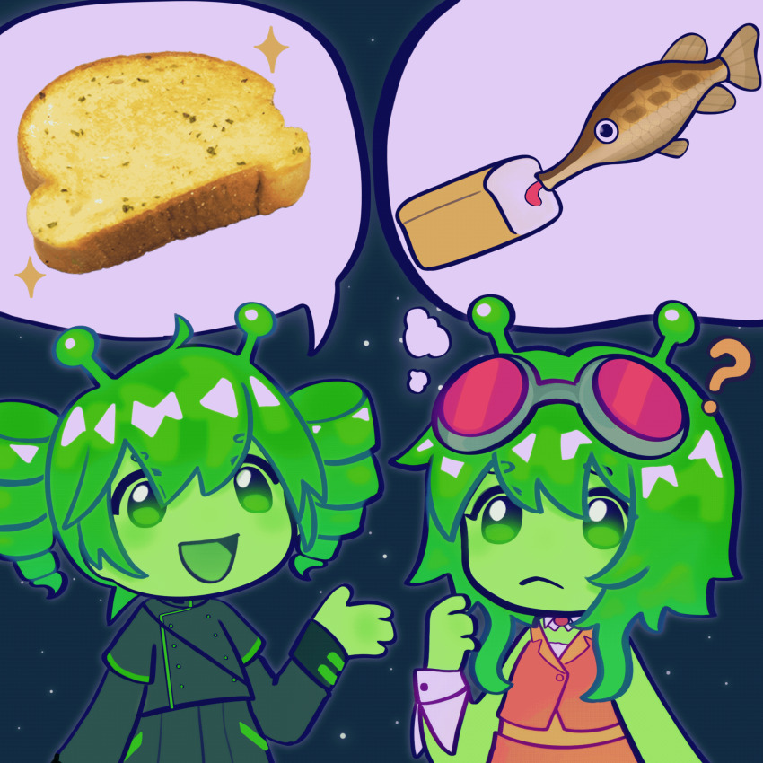 2girls :d ? ?? ahoge alien alternate_hair_color alternate_skin_color animated animated_gif antennae bread buttons chibi collar colored_skin commentary detached_collar double-breasted drill_hair english_commentary food frown gar_(fish) garlic_bread gnarpane_teto goggles goggles_on_head green_eyes green_hair green_skin green_trim grey_jacket grey_skirt gumi hand_up high_collar highres jacket kasane_teto kasane_teto_(sv) lapels licking loaf_of_bread long_sleeves looping_animation medium_hair multiple_girls open_mouth orange_skirt orange_vest red_goggles sidelocks skirt sleeve_cuffs smile space speech_bubble spoken_object sporebug star_(sky) synthesizer_v talking thought_bubble twin_drills utau vest vocaloid white_collar white_wrist_cuffs wrist_cuffs