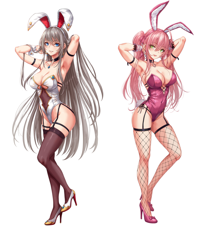 2girls absurdres animal_ears arm_strap armpits arms_up bare_shoulders blue_eyes breasts brown_thighhighs comiket_107 commentary_request fake_animal_ears fishnet_thighhighs fishnets full_body green_eyes grey_hair hairband high_heels highleg highleg_leotard highres large_breasts leotard long_hair looking_at_viewer multiple_girls original parted_lips pink_leotard pink_shoes playboy_bunny rabbit_ears sakiyamama shoes simple_background smile standing thighhighs twintails white_background white_leotard white_shoes wrist_cuffs