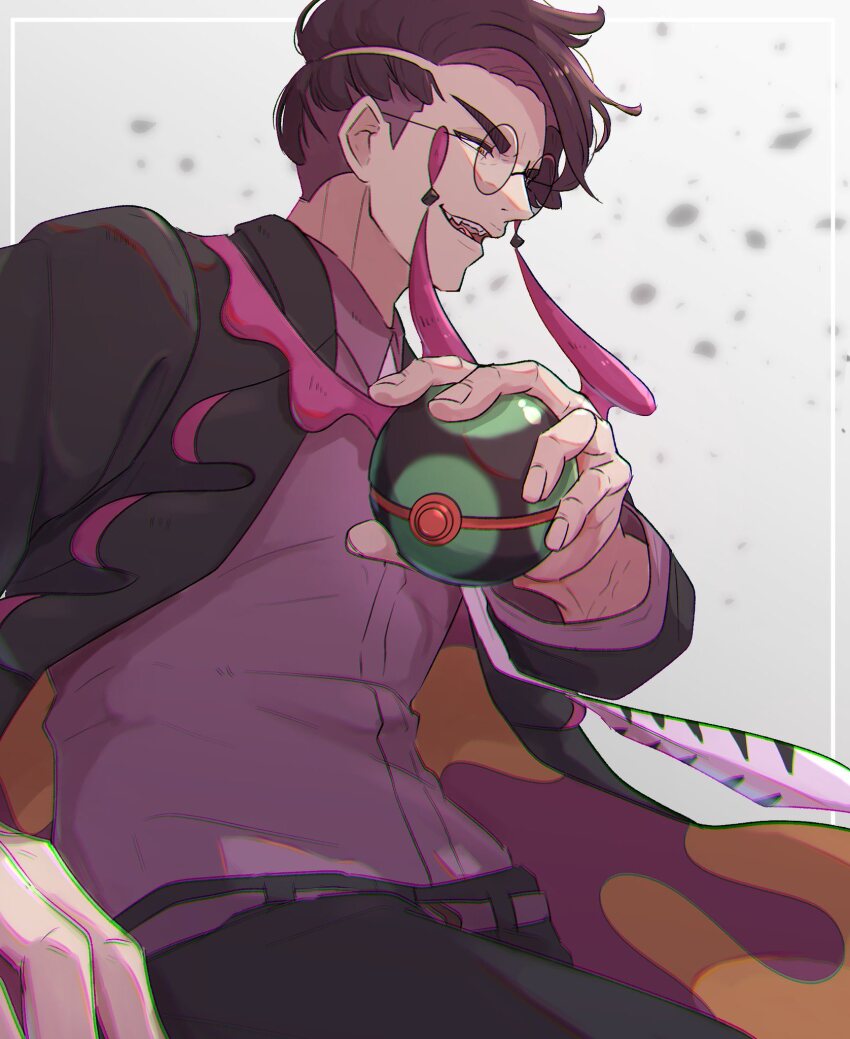 1boy black-framed_eyewear black_hair black_jacket black_pants collared_shirt corbeau_(pokemon) dusk_ball eyewear_strap glasses highres holding holding_poke_ball jacket jinn_kunnn long_sleeves male_focus necktie nintendo open_clothes open_jacket open_mouth pants parted_hair poke_ball pokemon pokemon_legends:_z-a purple_hair purple_shirt round_eyewear shirt short_hair short_sideburns smile solo teeth undercut white_necktie yellow_eyes