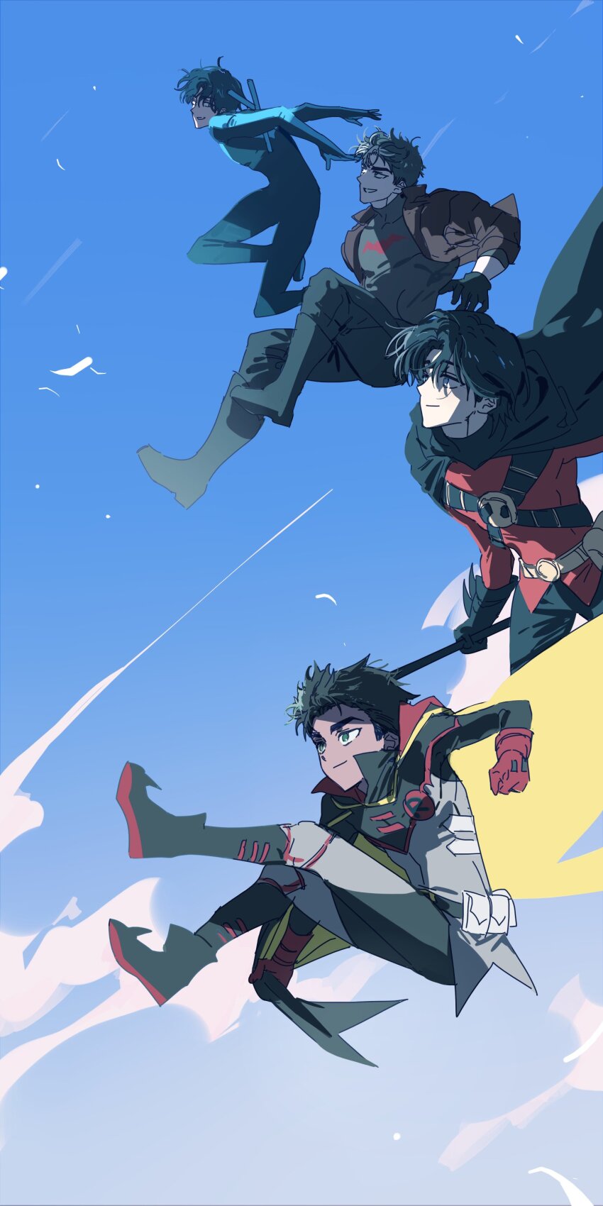 absurdres bat_signal batman_(series) batman_symbol black_bodysuit black_gloves black_hair blue_eyes bodysuit brothers brown_jacket damian_wayne dc_comics dick_grayson gloves grey_bodysuit highres ihearsunspot jacket jason_todd male_focus multicolored_bodysuit multicolored_hair multiple_boys muscular muscular_male nightwing open_clothes pants red_hood_(dc) red_robin robin_(dc) short_hair siblings superhero_costume taut_bodysuit tim_drake two-tone_bodysuit