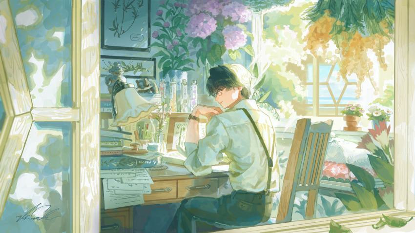 1boy absurdres art_supplies beach book bouquet brown_hair commentary_request desk desk_lamp dress_shirt flower flower_pot glasses hanging_plant highres hyacinth hydrangea lamp original paper_stack plant pondering potted_plant seaside shelf shigre shirt shop suspenders tulip yellow_flower