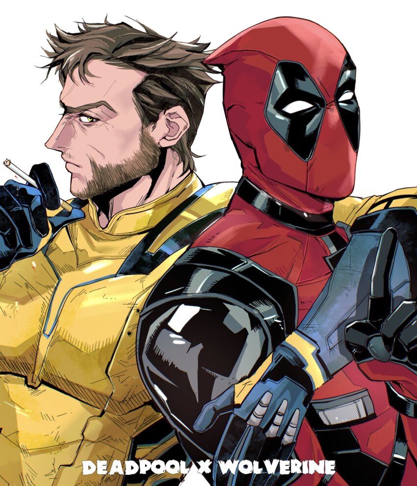 2boys beard bodysuit brown_hair cigarette closed_mouth commentary crutch_c deadpool deadpool_&amp;_wolverine deadpool_(series) english_commentary facial_hair gloves green_eyes highres holding holding_cigarette hugging_with_one_arm index_finger_raised looking_at_viewer male_focus marvel multicolored_bodysuit multiple_boys red_bodysuit red_mask short_hair superhero_costume two-tone_bodysuit wolverine_(x-men) x-men yaoi yellow_bodysuit