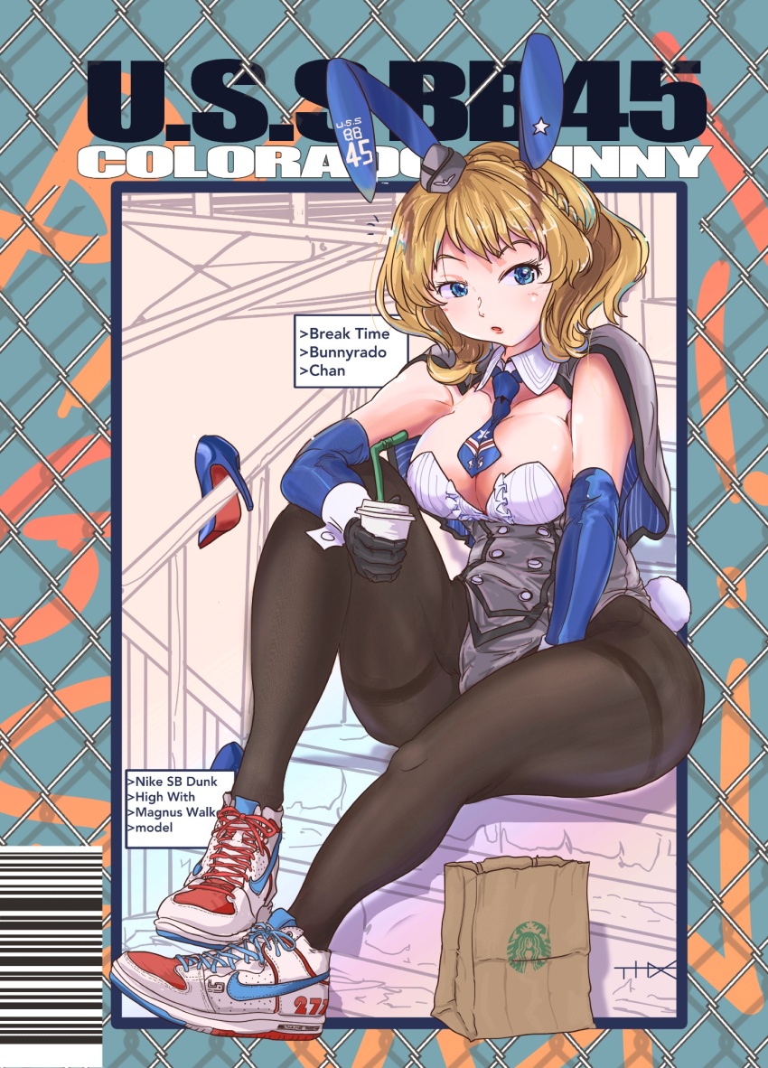 1girl adapted_costume animal_ear_hairband animal_ears bag barcode black_pantyhose blonde_hair blue_eyes blue_gloves blue_necktie breasts character_name colorado_(kancolle) commentary detached_collar elbow_gloves english_commentary fake_animal_ears full_body gloves grey_leotard hairband highres kantai_collection large_breasts leotard necktie pantyhose paper_bag playboy_bunny rabbit_ears rabbit_tail shoes short_hair sneakers solo starbucks strapless strapless_leotard tail thighband_pantyhose thrux unworn_shoes wrist_cuffs