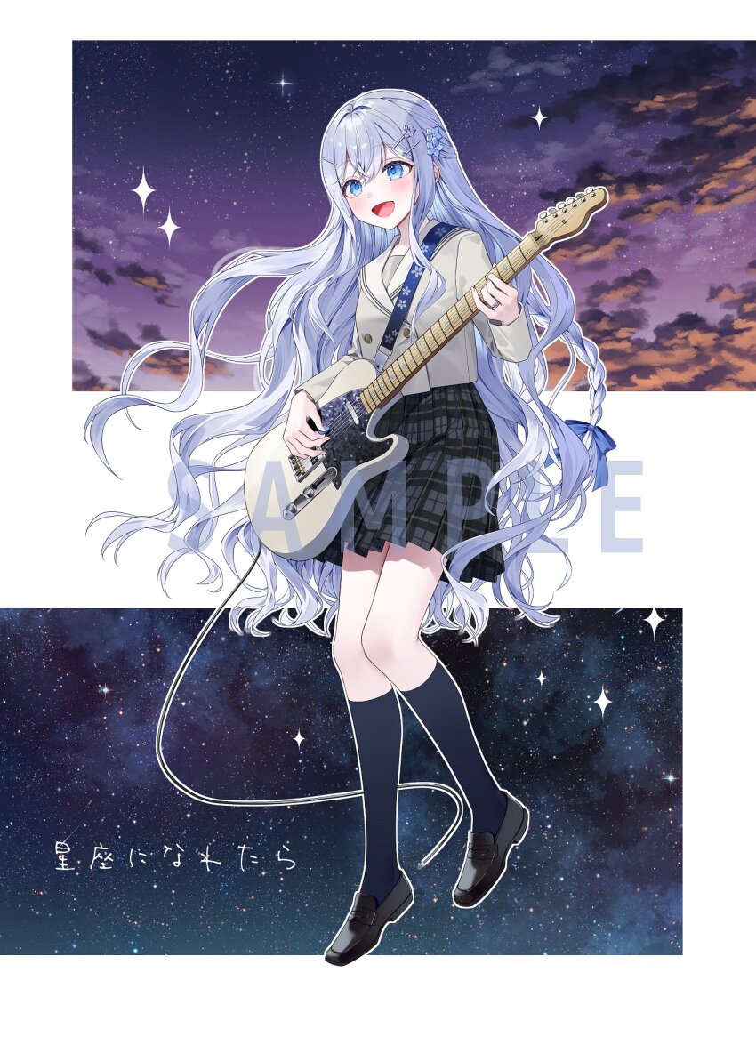 1girl :d black_shoes black_skirt black_socks blue_eyes blue_hair blush character_request cloud commentary_request copyright_request ctd_114 double-parted_bangs electric_guitar evening full_body grey_jacket guitar hair_between_eyes highres holding holding_guitar holding_instrument instrument jacket kneehighs long_hair long_sleeves open_mouth outdoors outline plaid_clothes plaid_skirt pleated_skirt sample_watermark shoes skirt sky smile socks solo sparkle standing star_(sky) starry_sky watermark white_outline