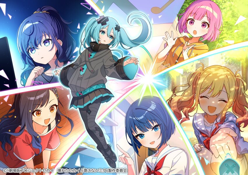 4_(nakajima4423) 6+girls aqua_eyes aqua_hair aqua_nails asahina_mafuyu bandaid bandaid_on_leg batsu_miku black_hair blonde_hair blue_eyes blue_hair blush closed_eyes collarbone computer grey_jacket guest_art hair_between_eyes hair_ornament hatsune_miku highres hood hoodie jacket kiritani_haruka kowareta_sekai_to_utaenai_miku laptop long_hair long_sleeves looking_at_another looking_at_viewer miniskirt multiple_girls neckerchief ootori_emu open_mouth orange_eyes pink_eyes pink_hair pleated_skirt ponytail project_sekai red_neckerchief red_shirt school_uniform shiraishi_an shirt short_hair short_sleeves skirt smile tenma_saki turtleneck turtleneck_jacket twintails very_long_hair vocaloid wavy_hair white_shirt wide_sleeves x_hair_ornament yellow_hoodie