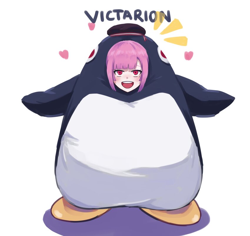 1girl absurdres animal_costume banmin banmin_chan breasts colored_skin eyeshadow eyeshadow_under_eye highres hime_cut large_breasts lipstick long_hair makeup mole penguin_costume pink_hair red_eyes thick_thighs thighs victarionsc virtual_youtuber white_skin