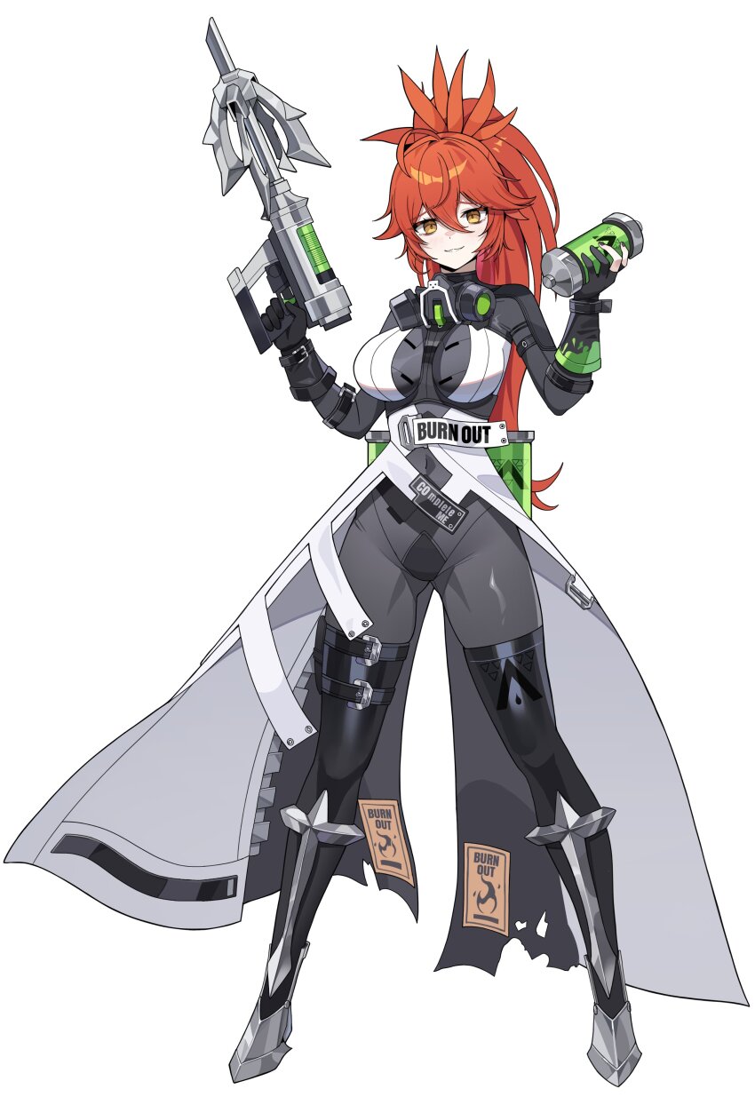 absurdres adriana_rivera black_survival bodysuit dalgam12 english_text eternal_return:_black_survival explosive grenade grey_bodysuit gun hair_between_eyes highres holding holding_grenade holding_gun holding_weapon looking_at_viewer orange_hair ponytail simple_background thighs weapon white_background yellow_eyes