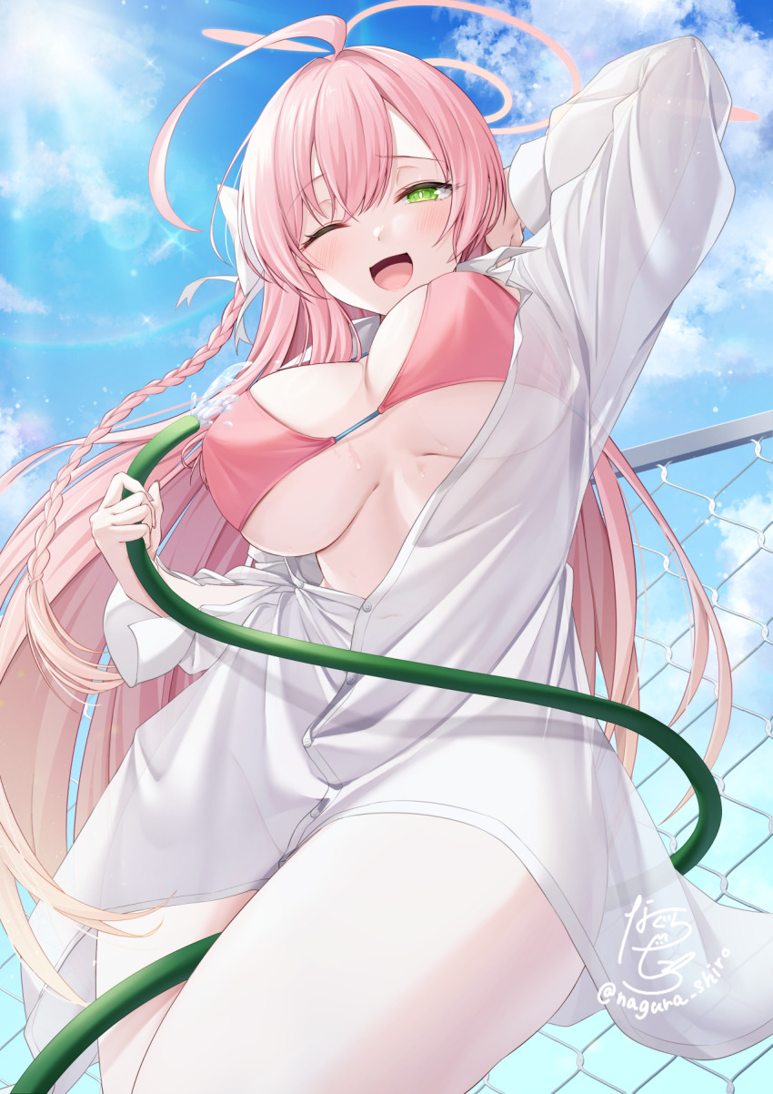 1girl ahoge arm_up bikini bikini_under_clothes blue_archive blue_sky blush bow braid breasts chain-link_fence cloud cloudy_sky collared_shirt day fence green_eyes hair_bow hair_over_one_eye halo hanako_(blue_archive) hanako_(swimsuit)_(blue_archive) highres holding holding_hose hose large_breasts long_hair long_sleeves nagura_shiro one_eye_closed open_mouth outdoors pink_bikini pink_hair pink_halo shirt signature sky smile solo swimsuit thighs white_bow white_shirt