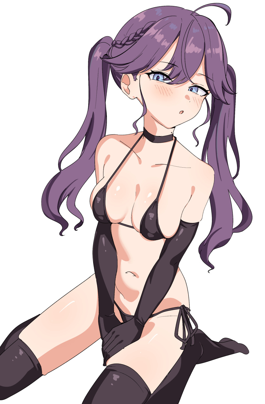 1girl :o absurdres bikini black_bikini black_choker black_gloves black_thighhighs blue_eyes blush breasts choker commentary_request elbow_gloves gakuen_idolmaster gloves highres idolmaster kaya_rinha long_hair looking_at_viewer medium_breasts navel open_mouth paid_reward_available purple_hair seihekiog side-tie_bikini_bottom simple_background sitting solo swimsuit thighhighs thighs twintails wariza white_background