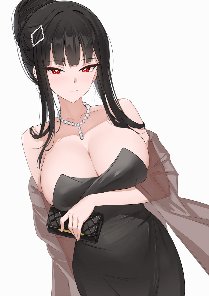 1girl arm_under_breasts bare_shoulders bead_necklace beads blue_archive blush breasts brown_jacket cleavage closed_mouth commentary dress hair_bun highres holding holding_wallet isokaze12 jacket jewelry large_breasts long_hair looking_at_viewer necklace official_alternate_costume official_alternate_hairstyle open_clothes open_jacket red_eyes rio_(blue_archive) rio_(dress)_(blue_archive) see-through_clothes see-through_jacket sleeveless sleeveless_dress smile solo strapless strapless_dress wallet