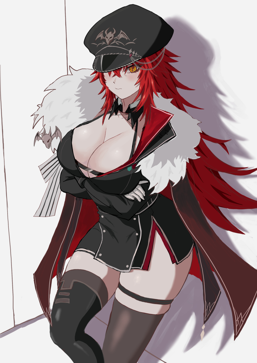 1girl absurdres arms_under_breasts black_boots black_jacket black_thighhighs boots breasts cleavage closed_mouth crossed_arms fur-trimmed_jacket fur_trim hat highres indie_virtual_youtuber jacket large_breasts long_hair meibin military_hat military_jacket military_uniform red_hair smile solo thigh_boots thighhighs virtual_youtuber zentreya zentreya_(commander)