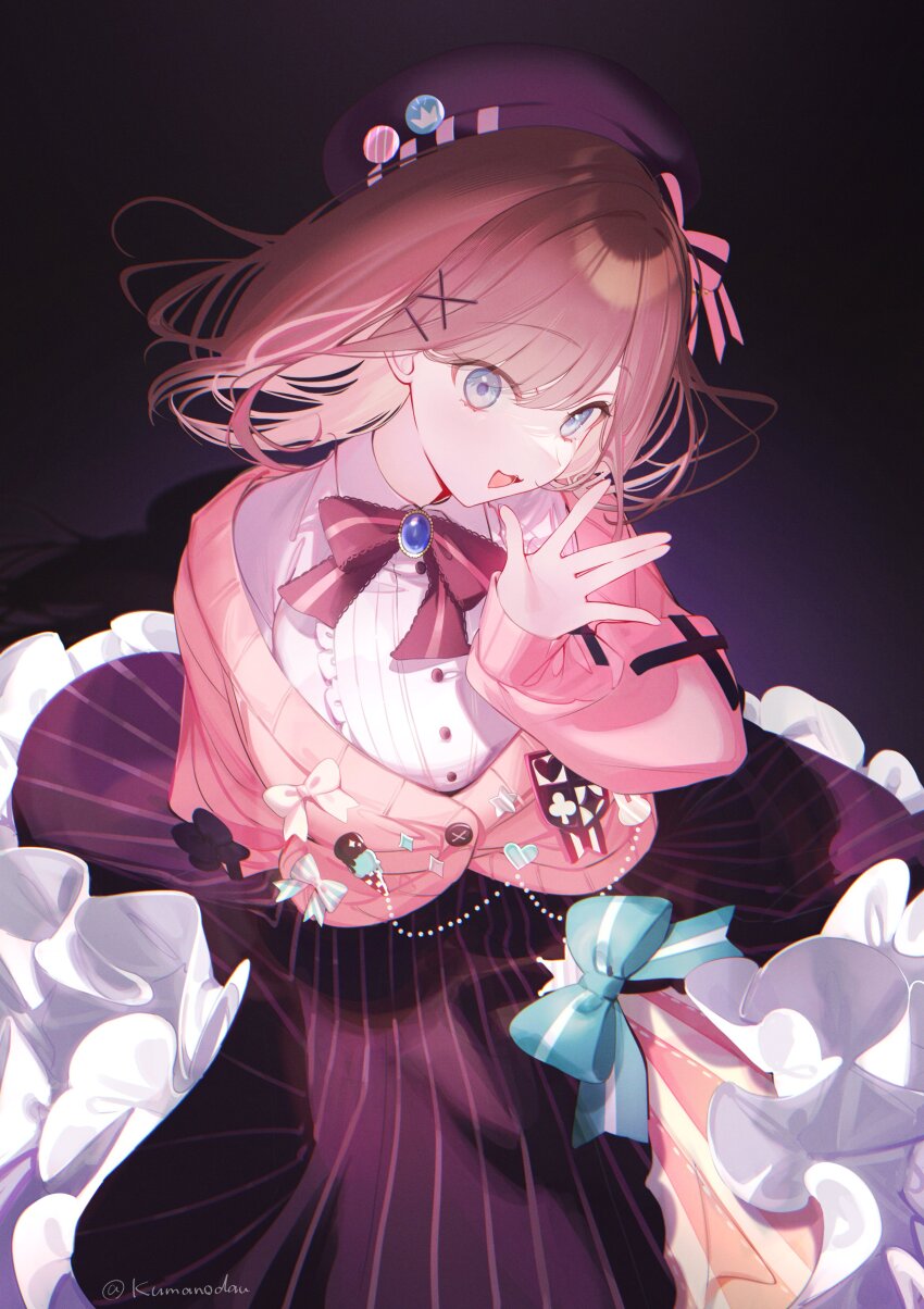 1girl absurdres artist_name beret black_skirt blue_eyes bow brown_hair cardigan center_frills collared_shirt commentary frilled_skirt frills green_bow hair_bow hair_ornament hairclip hat highres kuma_daigorou looking_at_viewer nijisanji open_mouth pink_cardigan pink_skirt pinstripe_pattern pinstripe_skirt shirt short_hair skirt smile solo striped_bow suzuhara_lulu suzuhara_lulu_(1st_costume) vertical-striped_bow virtual_youtuber waving white_shirt