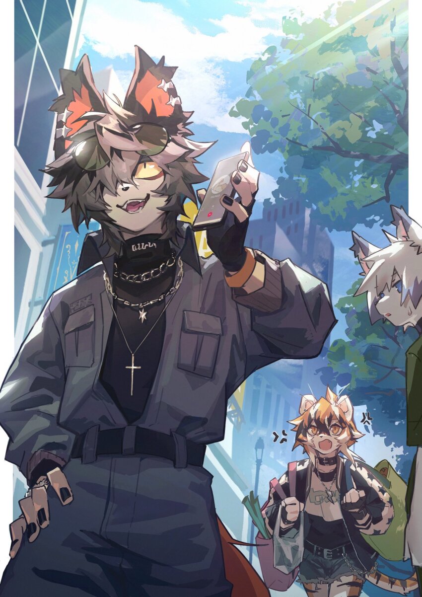 1boy 1girl aak_(arknights) angry arknights bag black_nails chinese_commentary choker city colored_sclera cross cross_necklace day eyewear_on_head furry furry_female furry_male furry_with_furry highres holding holding_bag jewelry lamppost mythological_creature necklace sweatdrop talking_on_phone tiger_girl tree waai_fu_(arknights) walking xiao_(creation0528) yellow_sclera