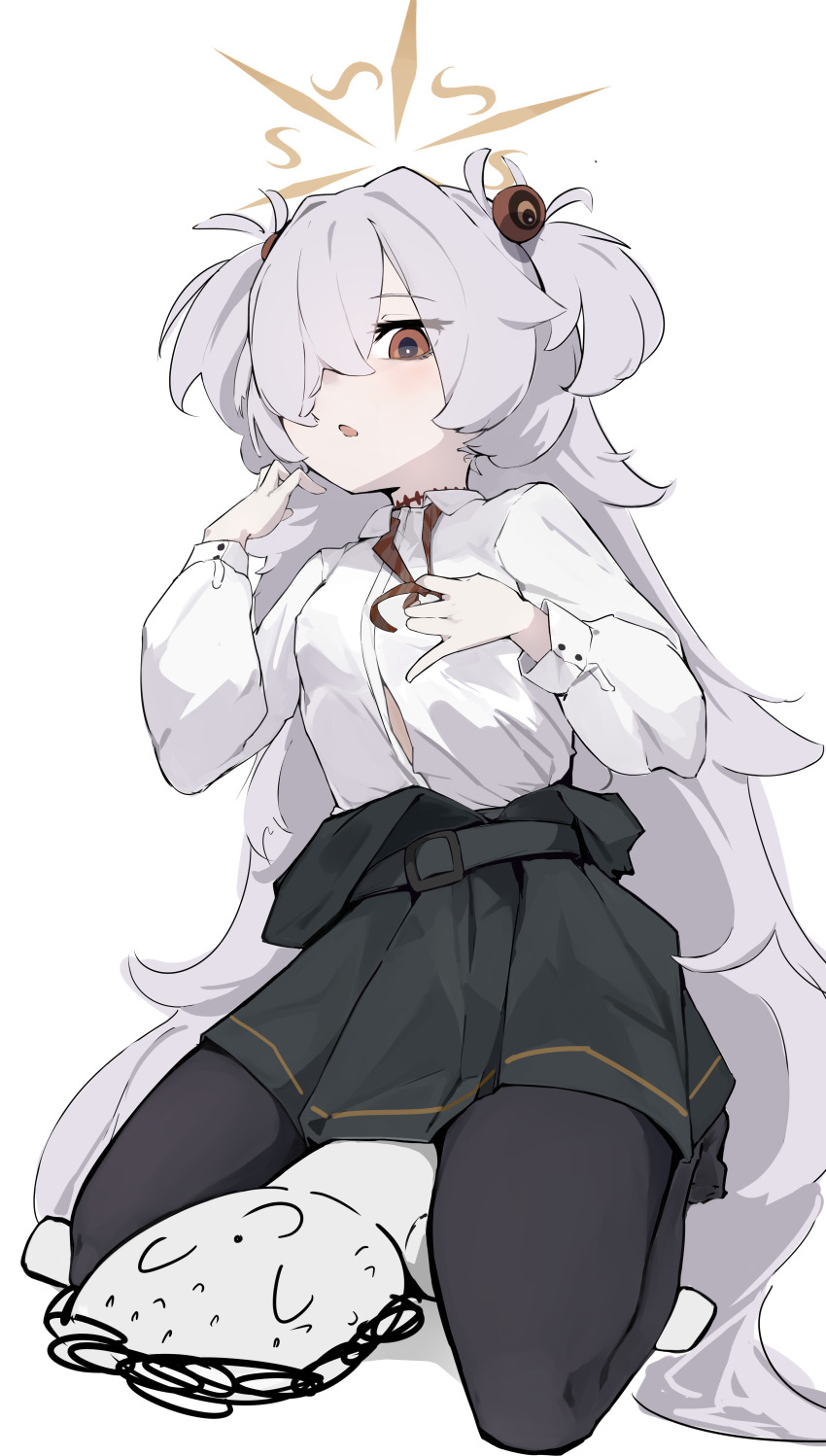 1boy 1girl absurdres belt black_dress black_pantyhose blue_archive blush breasts brown_eyes brown_ribbon button_gap clothes_pull collared_shirt commentary doodle_sensei_(blue_archive) dress dress_pull grey_hair hair_over_one_eye halo hand_up highres kanoe_(blue_archive) kneeling long_hair long_sleeves looking_at_viewer mi_kan_(1101515378) neck_ribbon no_shoes one_eye_covered pantyhose parted_lips pinafore_dress pleated_dress ribbon scar scar_on_neck sensei_(blue_archive) shirt simple_background sleeveless sleeveless_dress small_breasts solo_focus striped_ribbon two_side_up undone_neck_ribbon very_long_hair white_background white_shirt yellow_halo