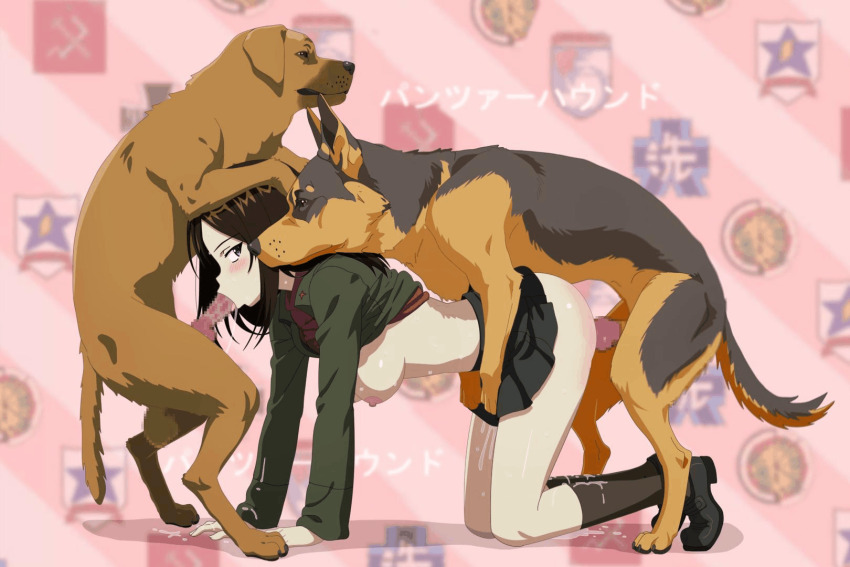 1girl 2boys animal_penis animated animated_gif breasts brown_hair censored clothed_sex dog_penis fellatio girls_und_panzer group_sex huge_penis long_hair medium_breasts mosaic_censoring multiple_boys nipples nonna_(girls_und_panzer) oral panzerhound penis precum sex sex_from_behind threesome
