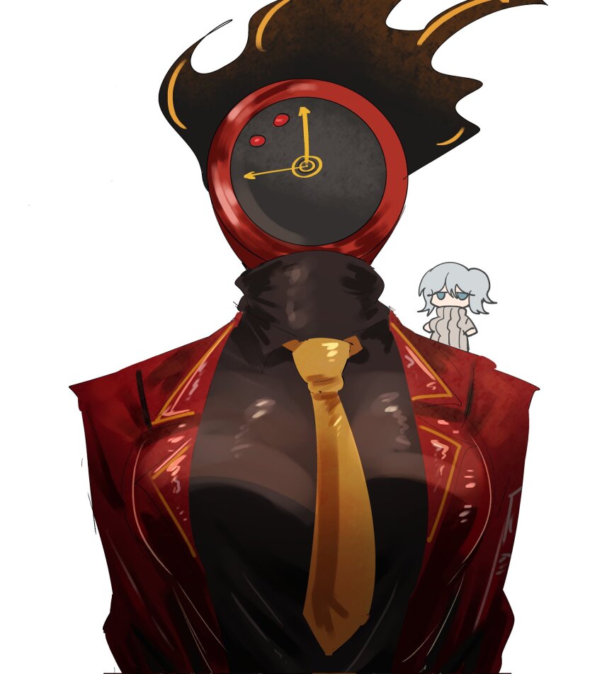 2girls arczaeon blue_eyes breasts chibi clock commentary dante_(limbus_company) english_commentary faust_(project_moon) grey_hair highres large_breasts limbus_company multiple_girls necktie object_head project_moon simple_background sweater yellow_necktie