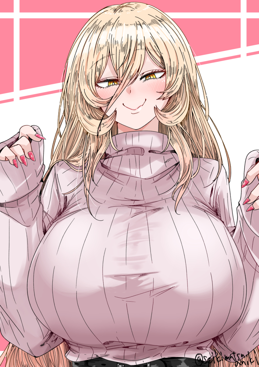 1girl alternate_costume belt black_belt blonde_hair blush breasts commentary_request fang fingernails hair_between_eyes highres huge_breasts long_fingernails long_hair long_sleeves looking_at_viewer nail_polish nijisanji nui_sociere pink_nails ribbed_sweater ringed_eyes sei_no_ji skin_fang smile solo sweater taut_clothes taut_sweater turtleneck turtleneck_sweater twitter_username upper_body very_long_hair virtual_youtuber white_sweater yellow_eyes