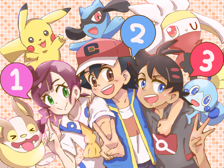 1girl 2boys ash_ketchum baseball_cap black_hair blue_eyes blue_vest braid brown_eyes chloe_(pokemon) clenched_hand collared_shirt dark_skin gen_1_pokemon gen_4_pokemon gen_8_pokemon goh_(pokemon) green_eyes grey_shirt hand_around_neck hand_on_another's_shoulder hat highres index_finger_raised long_hair looking_at_viewer maroon_hair middle_w multiple_boys nintendo open_mouth pikachu pokemon pokemon_(anime) pokemon_(creature) pokemon_journeys raboot red_headwear riolu sailor_uniform shirt short_hair side_braid smile sobble teeth upper_body v vest w white_shirt yamper