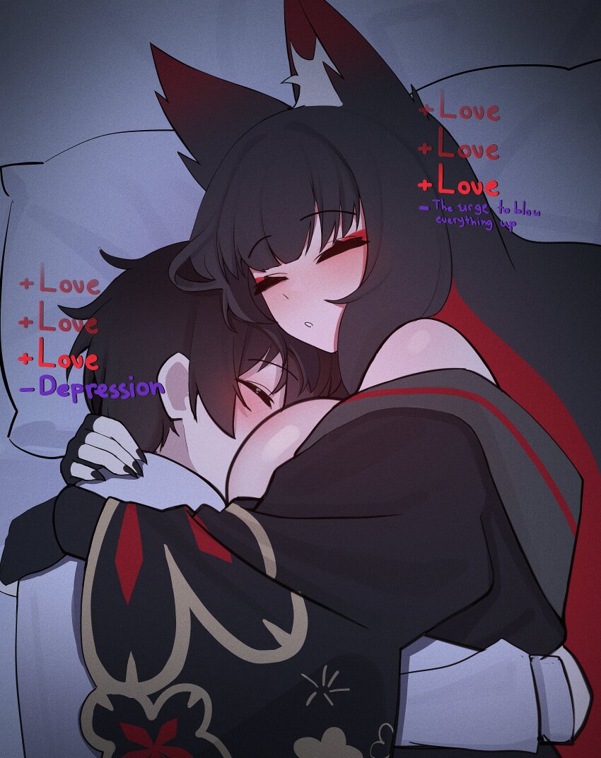 1boy 1girl absurdres animal_ear_fluff animal_ears between_breasts black_hair black_kimono black_sleeves blue_archive breasts closed_eyes colored_inner_hair detached_sleeves english_text floral_print floral_print_kimono fox_ears fox_girl head_between_breasts head_on_pillow hetero highres hug japanese_clothes kimono large_breasts long_hair long_sleeves lying multicolored_hair mutual_hug on_side pillow print_kimono red_hair sensei_(blue_archive) shirt silenzuka sleeping upper_body wakamo_(blue_archive) white_shirt wide_sleeves