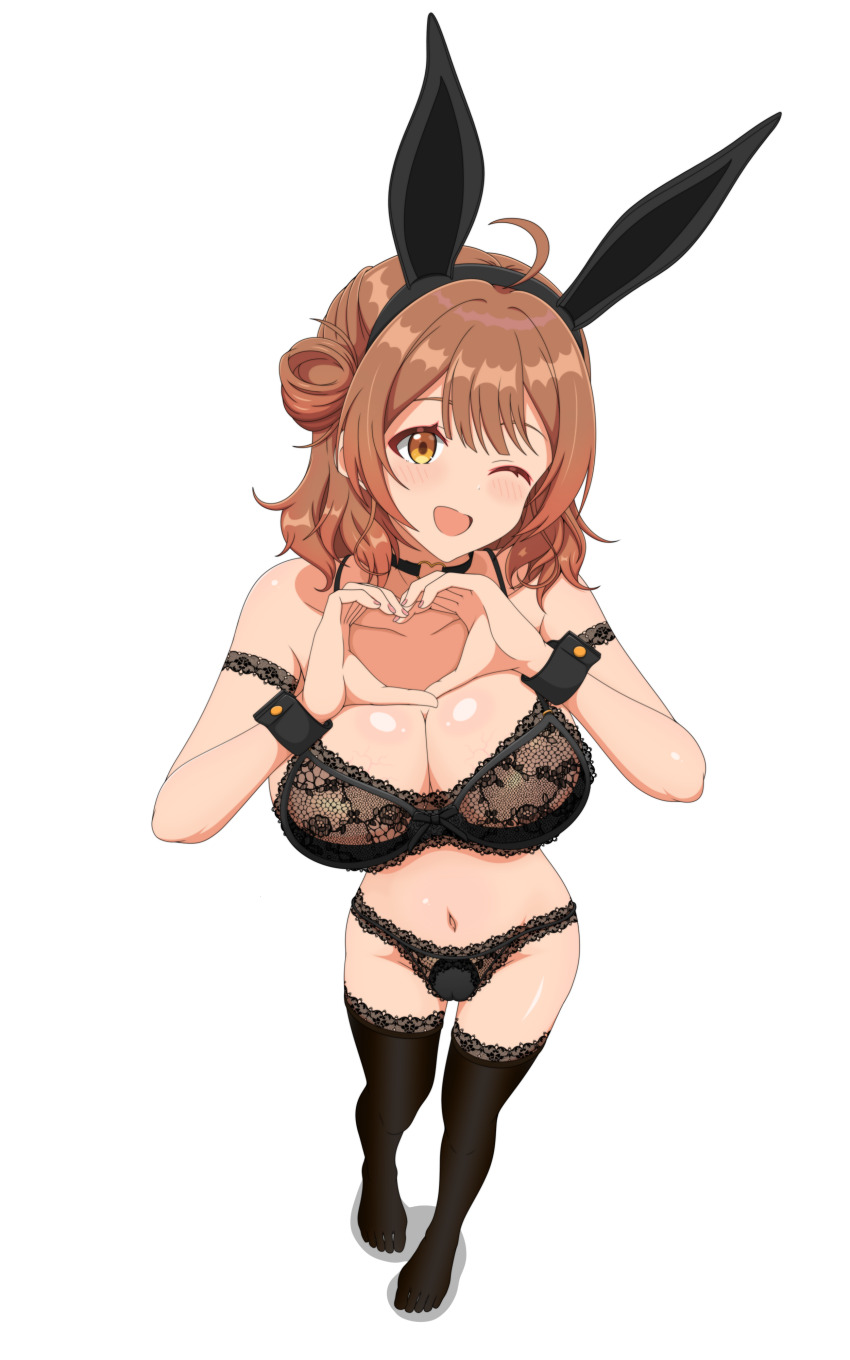 1girl ;d absurdres ahoge black_bra black_choker black_panties black_thighhighs blush bra breasts brown_hair cameltoe choker cleavage collarbone commentary full_body gakuen_idolmaster hanami_ume heart heart_hands heart_o-ring highres idolmaster lace lace-trimmed_thighhighs lace_bra lace_panties lace_trim large_breasts looking_at_viewer millionlive77 navel o-ring o-ring_choker one_eye_closed open_mouth panties simple_background smile solo stomach thighhighs underwear underwear_only white_background