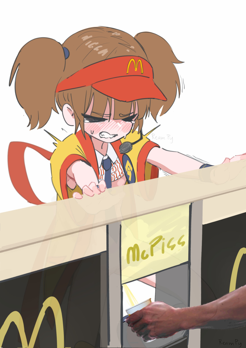 1boy 1girl absurdres black_necktie blush brown_hair clenched_teeth closed_eyes collared_shirt cup employee_uniform highres holding imadake_dabuchi_tabemi loli mcdonald's mixed_media necktie pee peeing preamy_kyuushi shirt short_sleeves simple_background solo_focus tears teeth twintails visor_cap white_background white_shirt