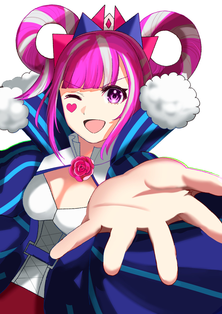 1girl ;d absurdres breasts cleavage cross-laced_clothes cross-laced_dress dress facial_mark fire_emblem fire_emblem_engage folded_twintails fur_wrist_cuffs hair_flaps hair_rings heart heart_facial_mark highres hortensia_(fire_emblem) medium_breasts multicolored_tiara nintendo one_eye_closed open_mouth reaching reaching_towards_viewer shia_(dmff8555) smile solo striped_clothes striped_dress wrist_cuffs